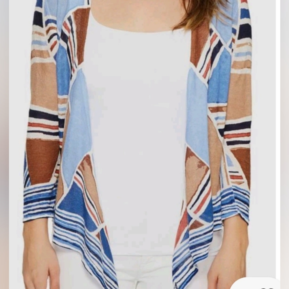 NIC+ZOE Blue, Brown & White Open-Front Geometric Cardigan